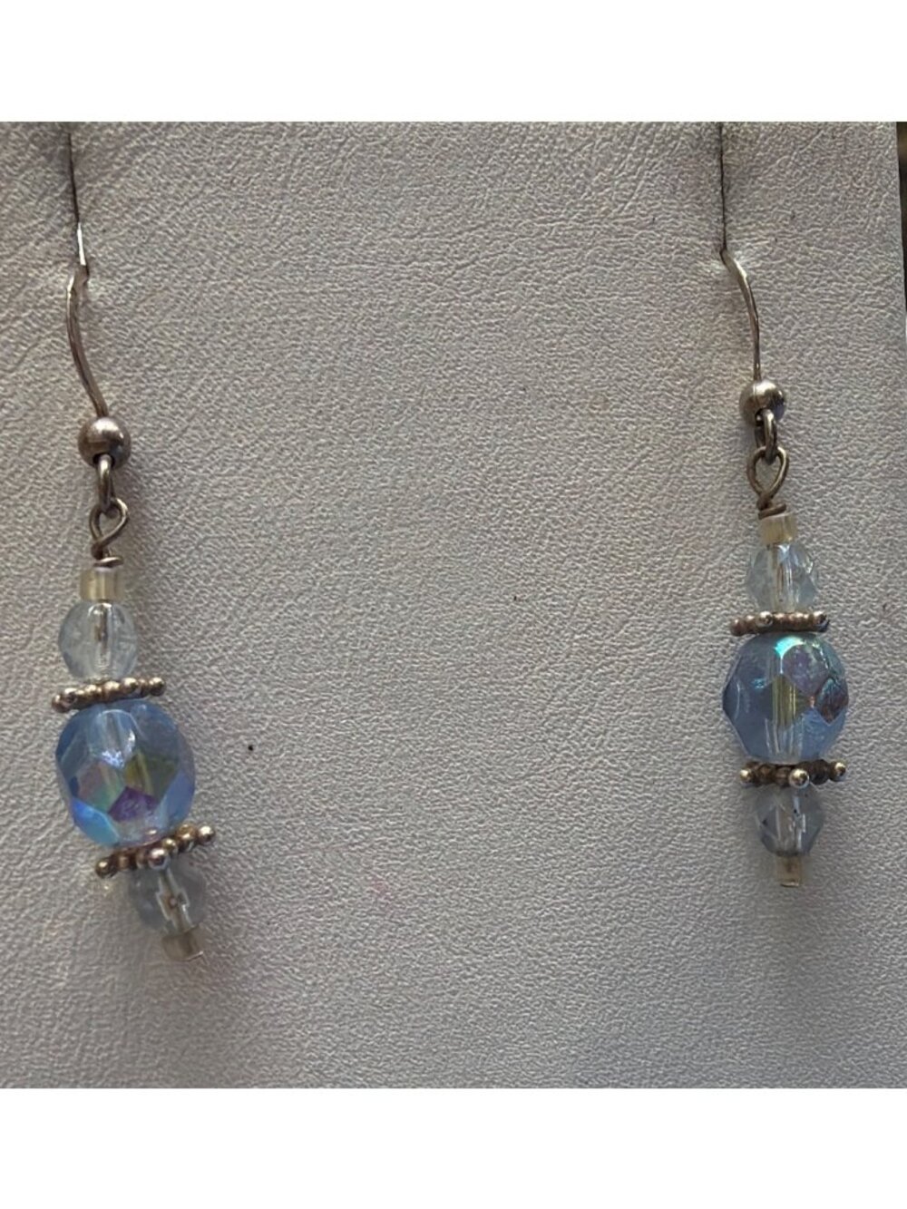 Vintage Silver Tone Blue Clear Glass Bead Earrings Hooks 1.5" Lightweight Estate